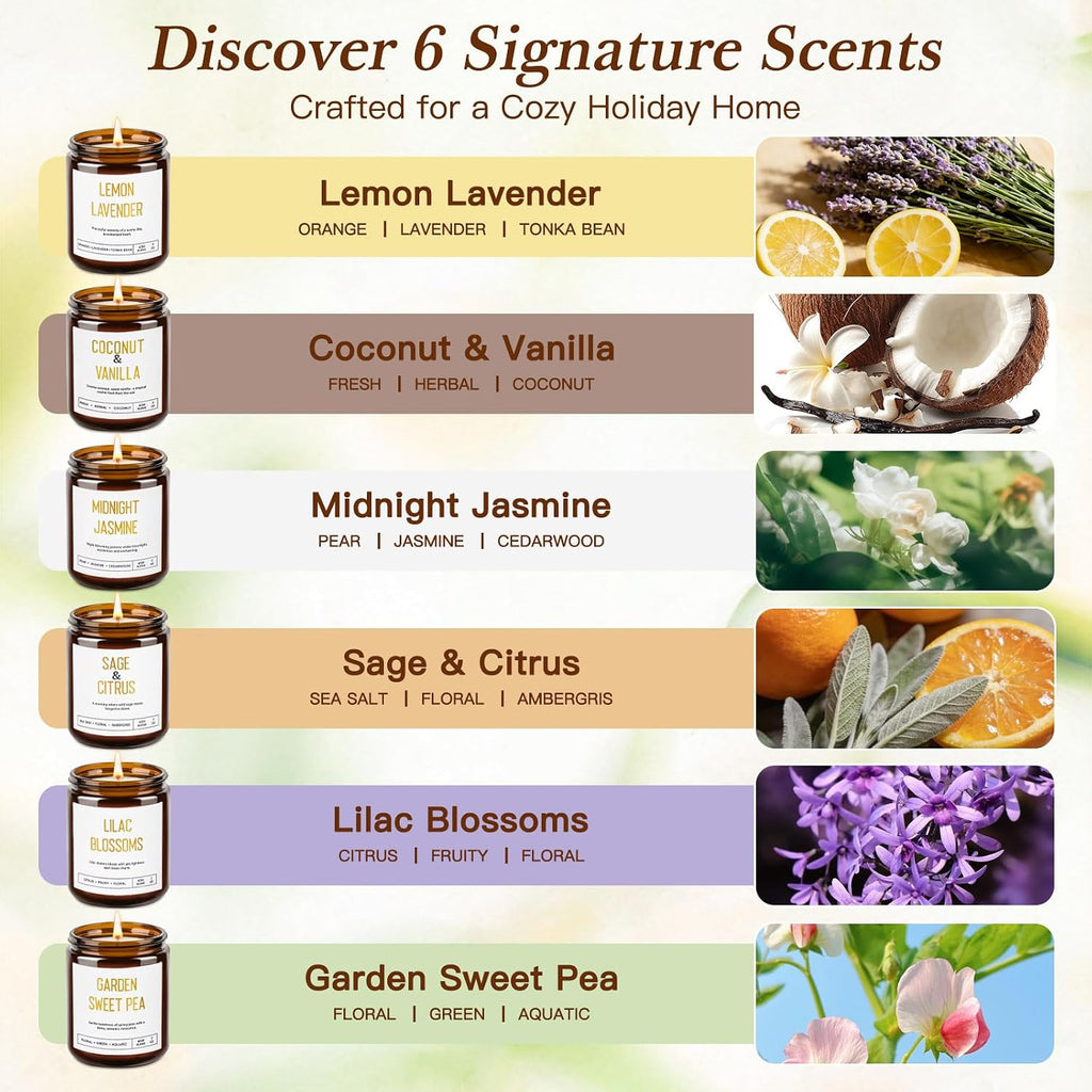 Candles for Home Scented - Soy Candles Non Toxic, 6 Pack Candle Gift Set | 42oz 300h Long Lasting Aromatherapy Candles with Lavender Lemon Vanilla Coconut Jasmine Sage - Floral & Fruity Scents