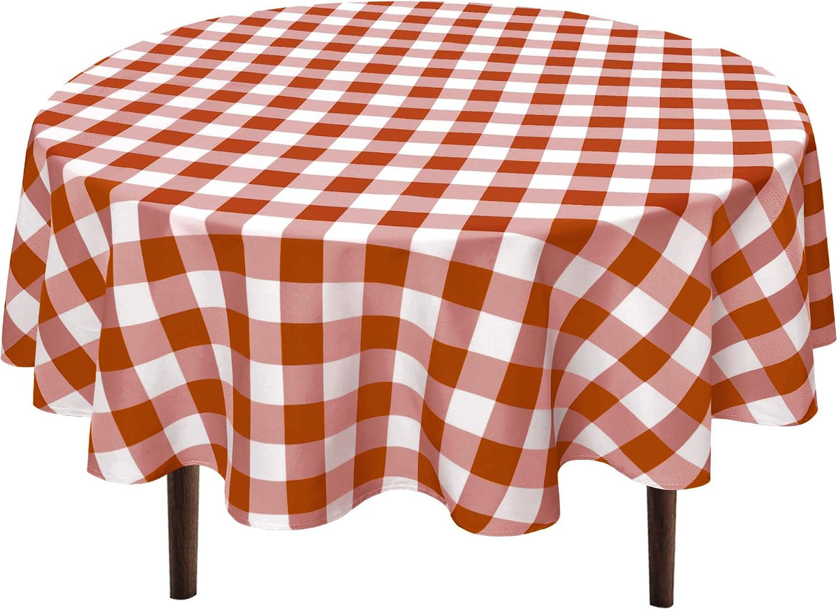 Hiasan Waterproof Checkered Round Tablecloth 120 Inch, Rust and White