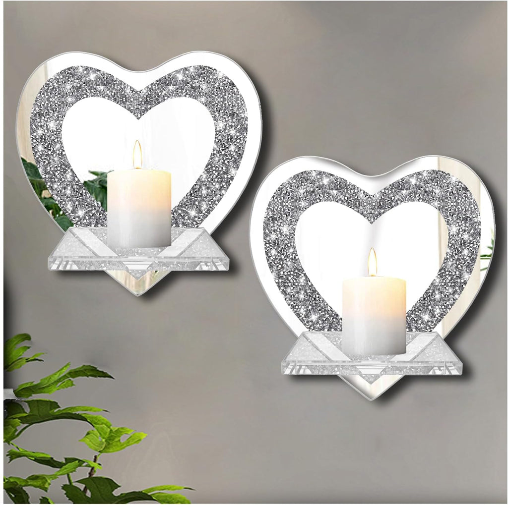 ZOLAPI Set of 2 Crystal Crush Diamond Candle Sconces, Gorgeous Silver Mirrored Wall Sconce, Candle Holder Glass Wall Decorations for Home Décor, Living Room, Dining Room.Heart Shaped