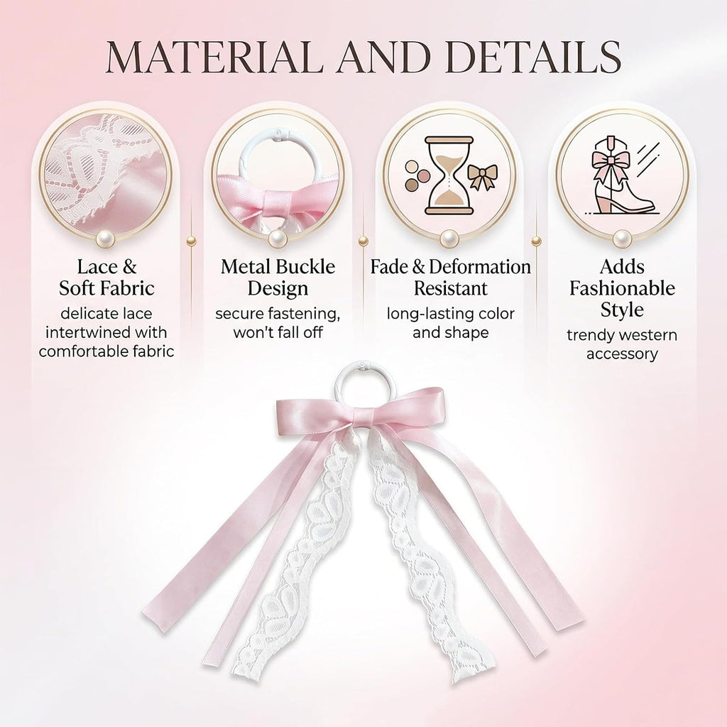4 Pcs Pink Ribbon Boot Bows for Cowgirl Boots, Removable Lace Bow Clip Shoe Accessories for Women DIY Party Decor
