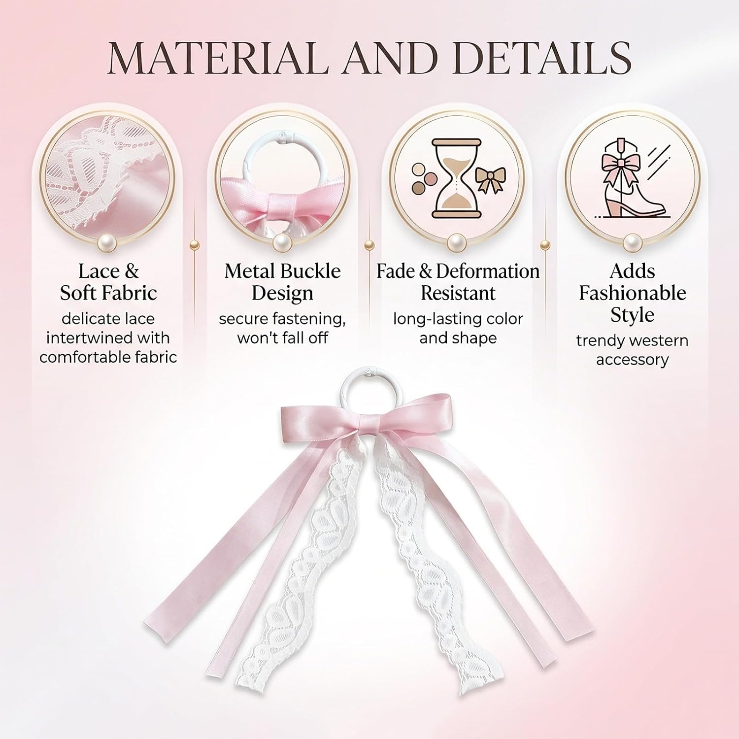 4 Pcs Pink Ribbon Boot Bows for Cowgirl Boots, Removable Lace Bow Clip Shoe Accessories for Women DIY Party Decor