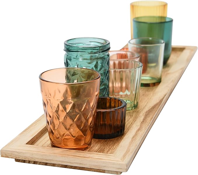Creative Co-Op Round Glass Votive Holders on Wood Tray, Yellows & Greens, Set of 9