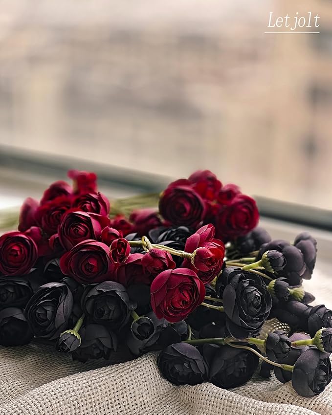Letjolt Ranunculus Artificial Flower 18 Pcs Red Silk Ranunculus Wedding Bouquet Engagement Centerpieces Arrangements Bridal Shower Decorations Home Decor, Dark Red