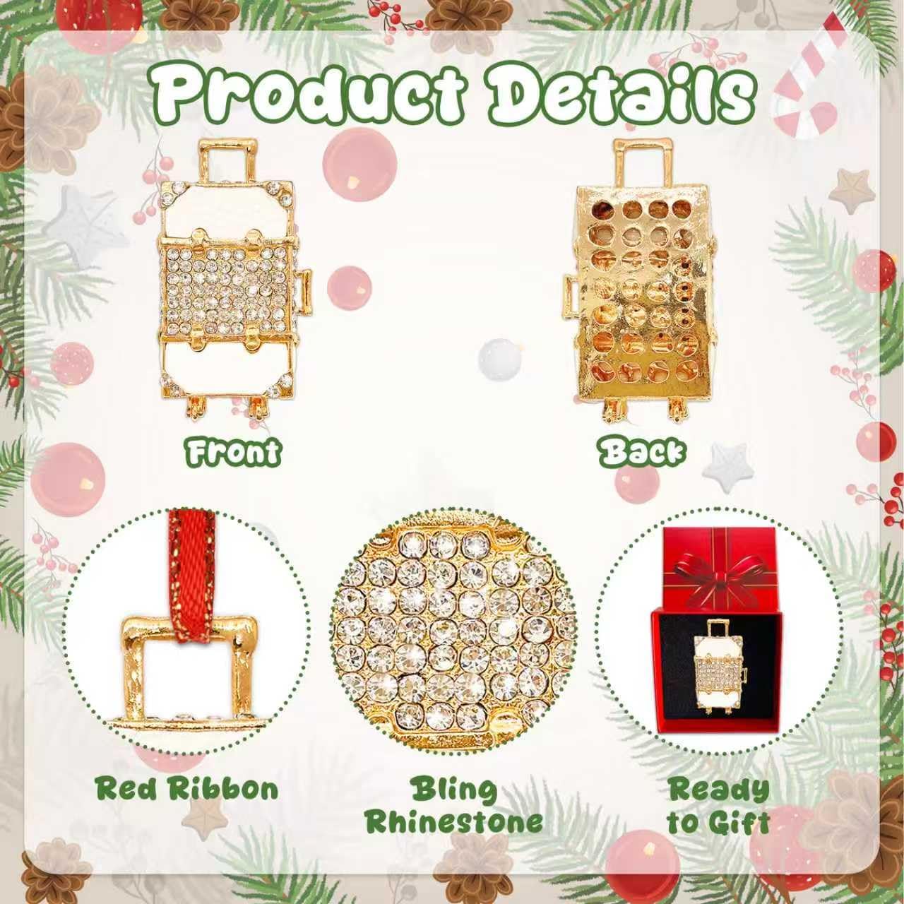JUESMOS Suitcase Christmas Ornament Metal Travel Ornaments for Christmas Tree Decorations Luggage Case Ornament with Rhinestones Suitcase Keepsake Gifts for Women Girls Sister Daughter Kids