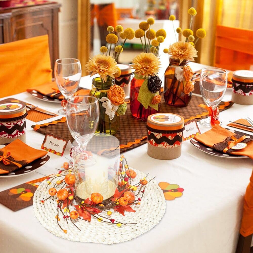 2 Pieces Pumpkins Maple Leaves Candle Rings Wreaths with Pip Berry Fall Candle Rings Thanksgiving Day Ring Holder Mini Autumn Artificial for Wedding,Door Tabletop Decoration (Orange)