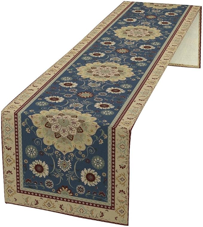 Vintage Boho Floral Table Runner, Elegant Rustic Country Farmhouse Blue Yellow Retro Flower Pattern for Home Kitchen Table Decor Dining Coffee Room Party Decor 13x120in