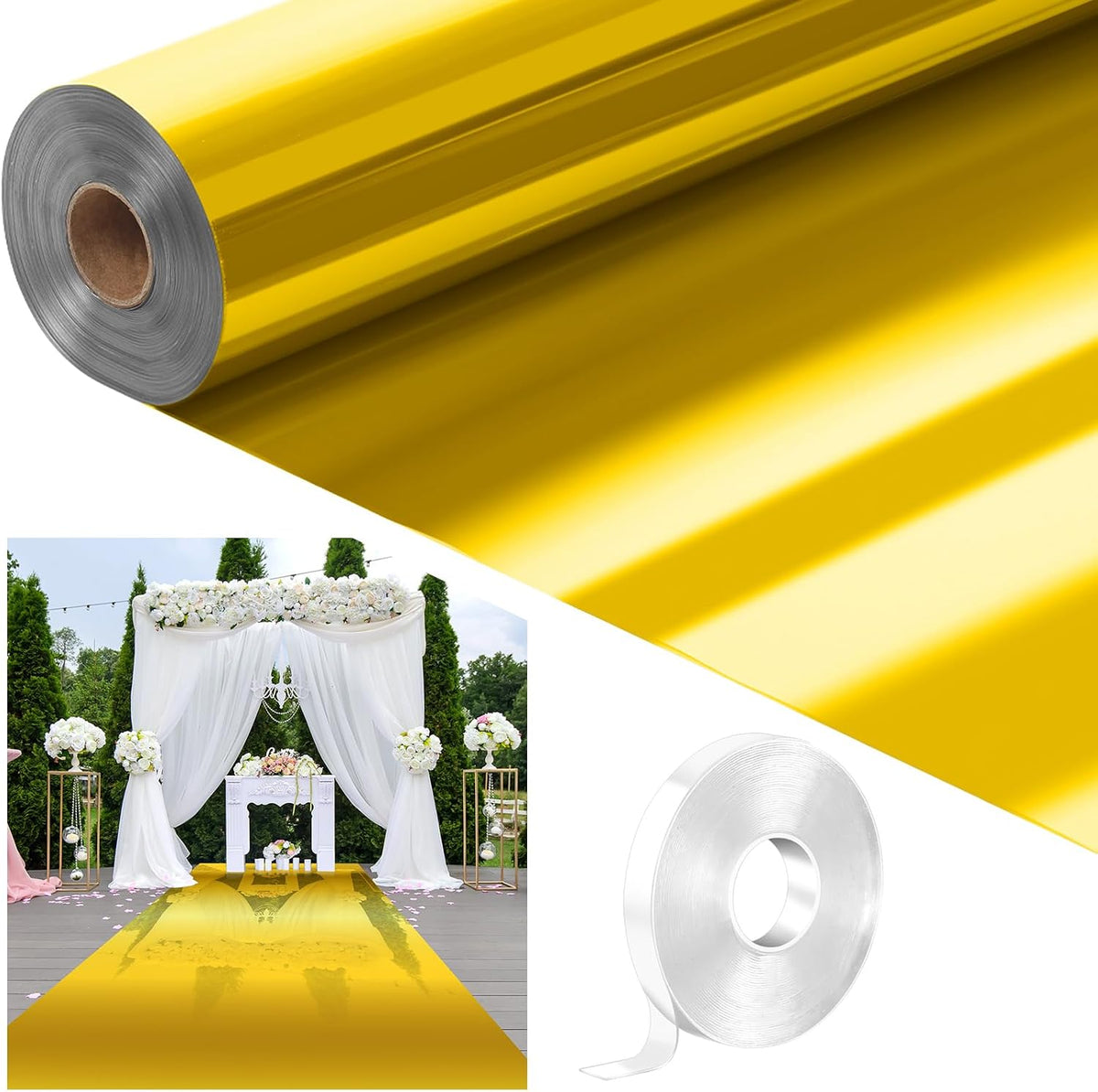 Tinideya 3.3 x 98.4 ft Mirror Rug Aisle Runner for Wedding Ceremony, Gold