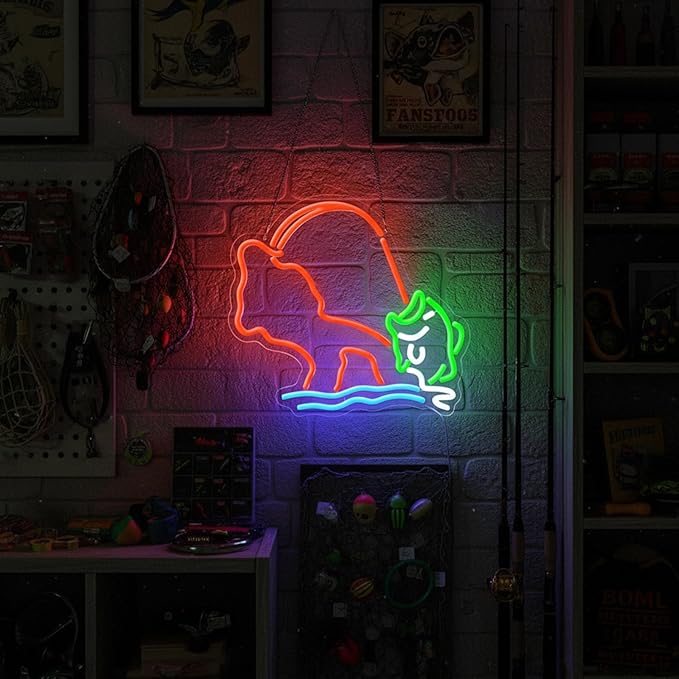 Fishing Neon Sign,Neon fish Sign,Neon Signs for Wall Decor,LED Light Up Man Cave Sign with Fish Rod Graphic,Cool Gifts for Fishermen,Bar,Cabin,Rustic Lake House,USB Powered Neon Light
