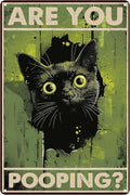 Funny Black Cat "Are You Pooping?" Tin Sign - Humorous Bathroom Wall Décor, 8x12 Inches, Vintage Metal Sign for Indoor & Outdoor Use, Cat Wall Art