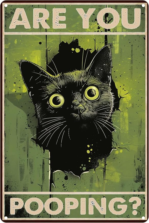 Funny Black Cat "Are You Pooping?" Tin Sign - Humorous Bathroom Wall Décor, 8x12 Inches, Vintage Metal Sign for Indoor & Outdoor Use, Cat Wall Art