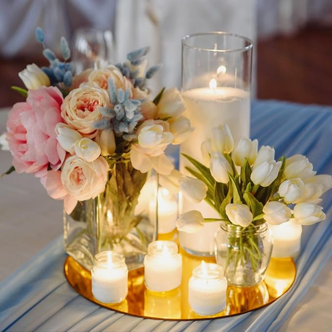 VASUHOME 8" Gold Mirror Centerpieces for Tables, Round Mirror Plates Set for Candle, Wedding, Party Decorations, Circle Mirror Trays with Smooth Edge and Cushioned Feet, 2mm Thick