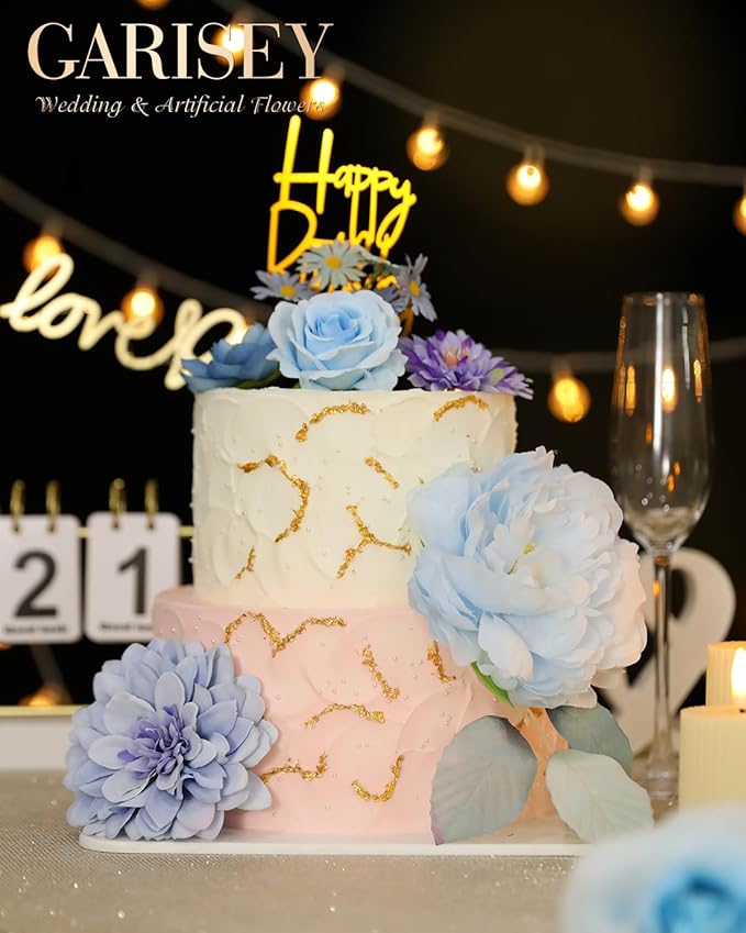 Artificial Flowers Combo, Mix Silk Flowers Roses, Peonies, Dahlias with Stems for DIY Wedding Bridal Bouquets, Baby Shower, Table Centerpieces, Home Decor, Fake Floral Arrangements-Blue&purple