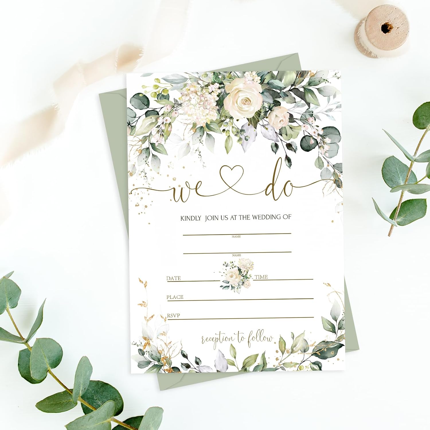 Whaline 25 Sets Greenery Floral Wedding Invitation with Envelopes Stickers Eucalyptus Leaves Fill in Blank Invites Cards for Bridal Shower, 5 x 7 Inch