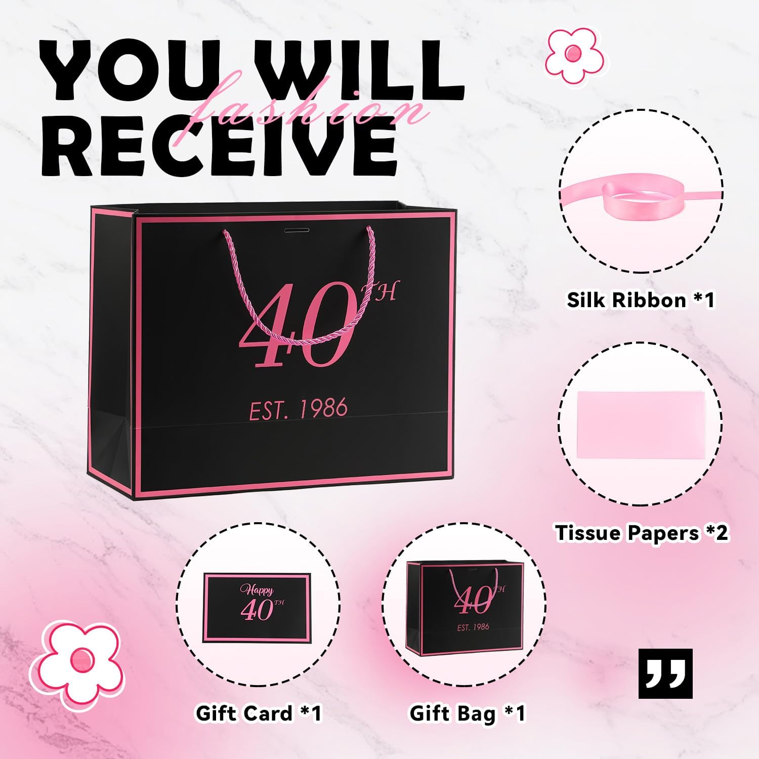 40th Birthday Gift Bag with Card and Tissue Paper for Women Her, 1986 40 Year Old 13" Elegant Black & Pink Anniversary Keepsake Party Present Shopping Paper Bags for Gifts Wrapping (1986 40th)