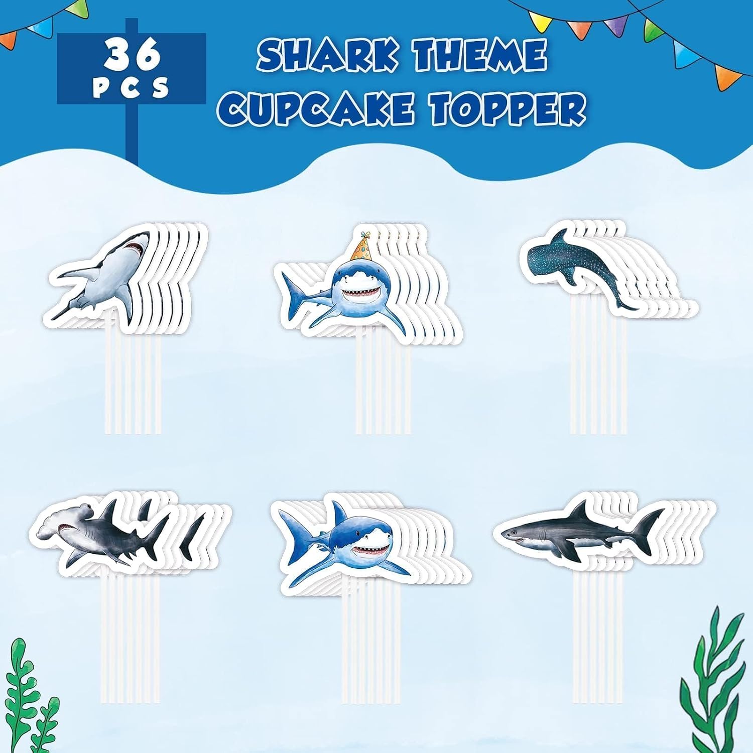 WERNNSAI 36 PCS Shark Cupcake Toppers - Shark Cake Toppers Ocean Birthday Party Decorations Summer Cake Toppers Under The Sea Cake Decors for Kids Ocean Baby Shower Party Supplies