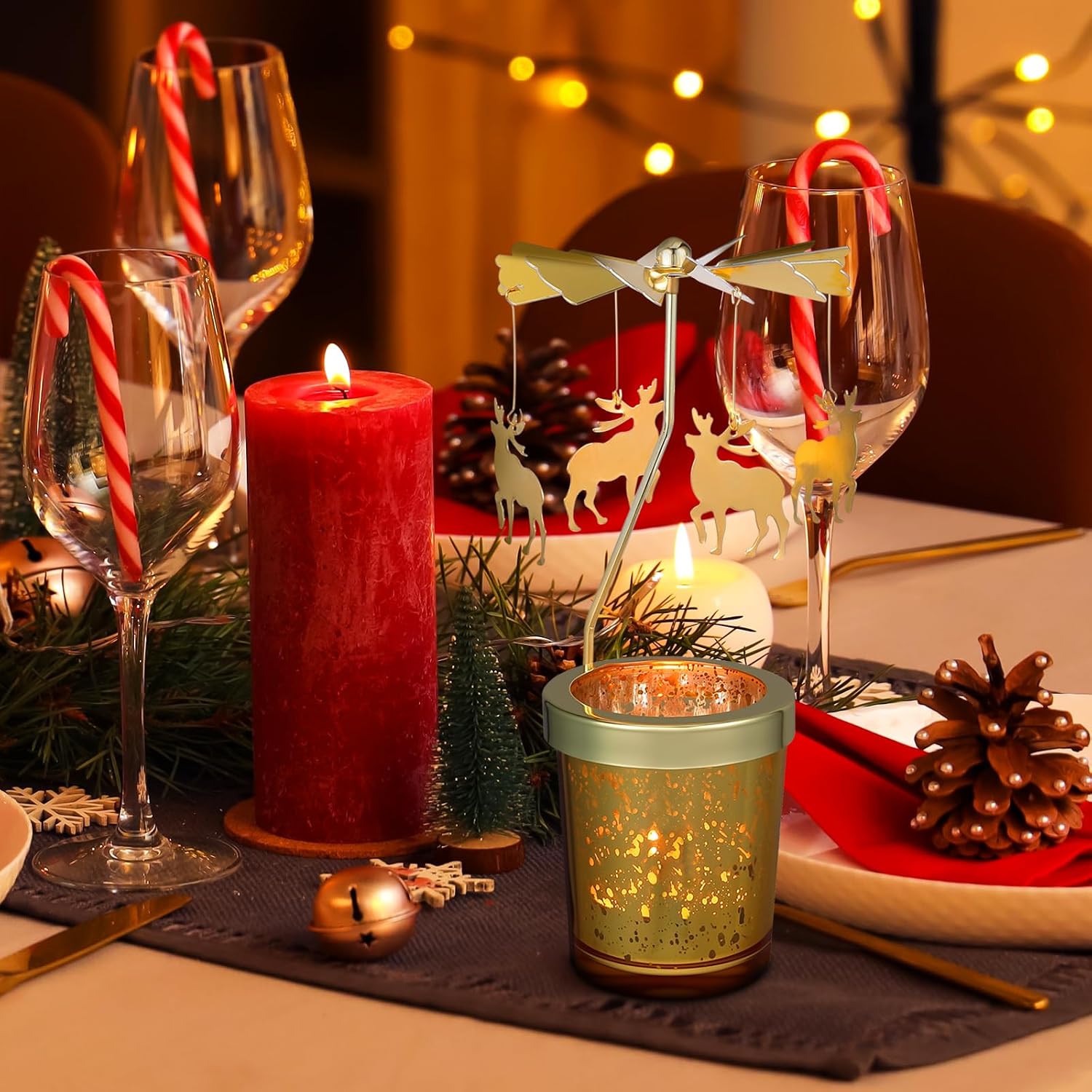 Holibanna Rotating Candlestick Christmas Carousel Tea Light Gold Candle Holder (2PCS Snowflake)