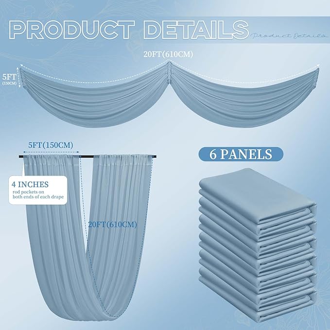 6 Panels Dusty Blue Ceiling Drapes for Wedding 5ftx20ft Ceiling Drapes Wedding Arch Draping Fabric Cheesecloth Sheer Curtain Romantic Ceiling Decorations for Weddings Party Banquet Ceremony Stage