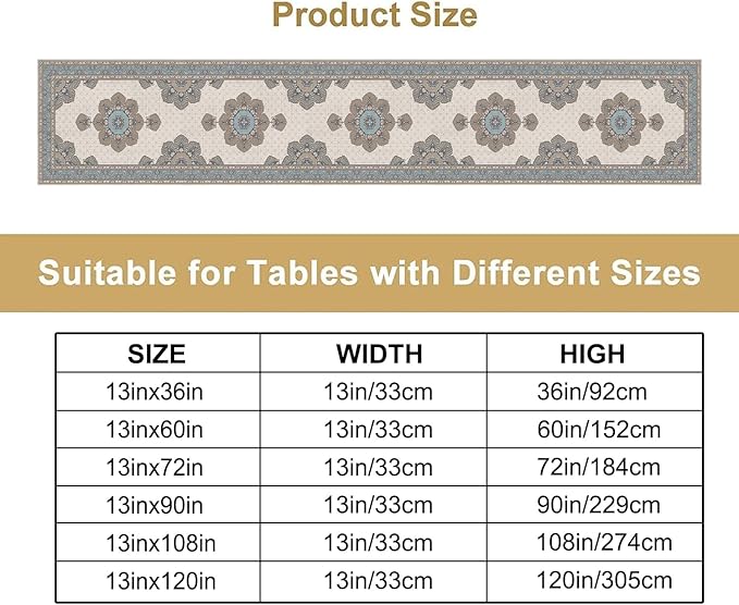 Boho Bohemia Style Table Runner, Vintage Teal Brown Retro Flower Rustic Country Style Floral Print Pattern for Home Kitchen Table Decor Dining Coffee Room Garden Party Decor 13x108in