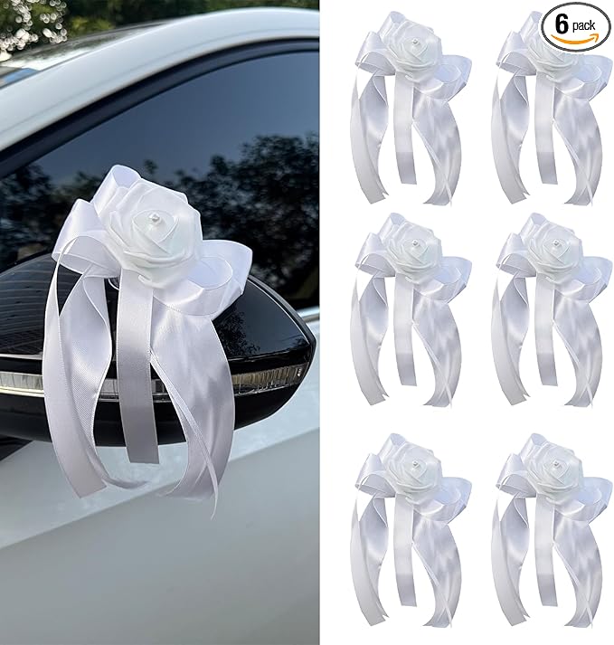 Wedding Car Decoration Flowers, Artificial White Bow Cars Decorative Flower Rose for Door Handles, Automotive Decorations Accessories for Women Men