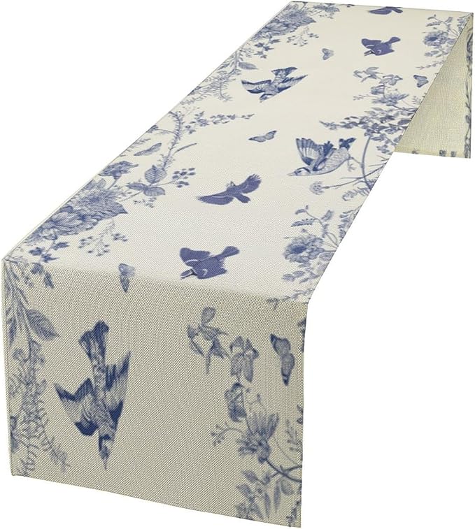 Monochrome Sketch Flowers Bird Table Runner, Seasonal Spring Fall Plants Blue Florals Dinner Runner for Home Kitchen Dining Table Party Holiday Decoration 13"x90"