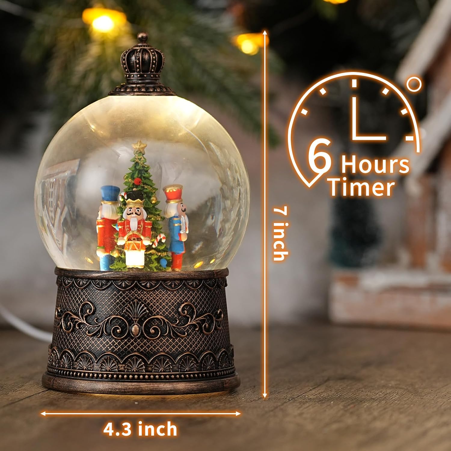 Snow Globe with Nutcrackers, Light Up Christmas Snow Globes with Music Timer - USB Plug or Battery Operated Glitter Globe Indoor Christmas Decorations