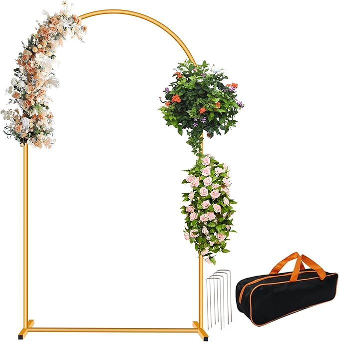 Metal Arch Backdrop Stand Set- Heavy Duty Rust-Proof Wedding Decoration Frame with Crossbar Base - Easy Assembly for Party, Photo Booth, Balloon & Flowers Decor (Gold, 6.6FT)