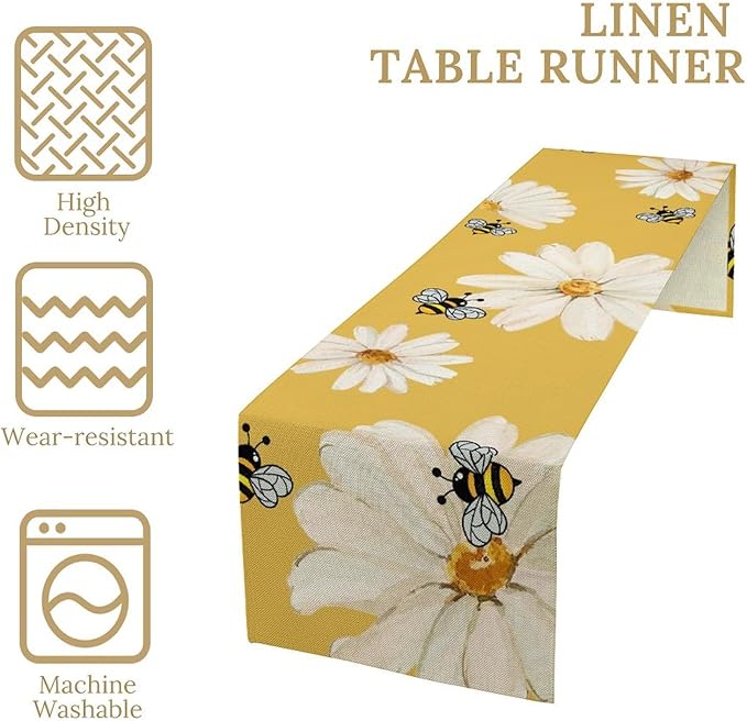 Daisy Flower Table Runner, Summer Spring Seasonal Watercolor Wildflower Yellow Bee Print Table Cover for Home Party Decor Kitchen Dining Table, 13x108inch