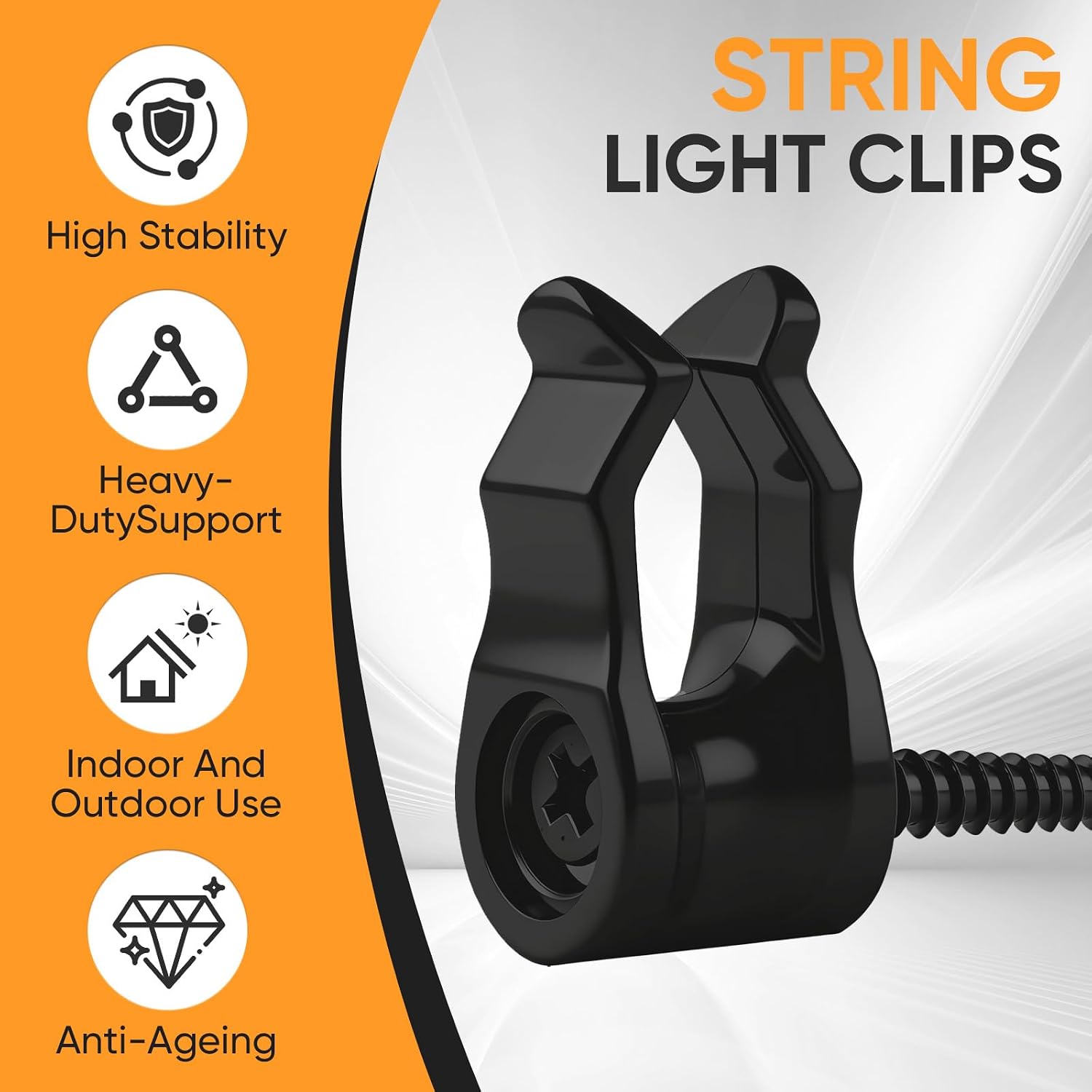 50 Pack String Light Clips, Screw in Hooks for Outdoor String Lights,Weatherproof Cable Clips for Christmas Fairy Lights, Rope Light, Patio Holiday Decor & Cable Management-Black