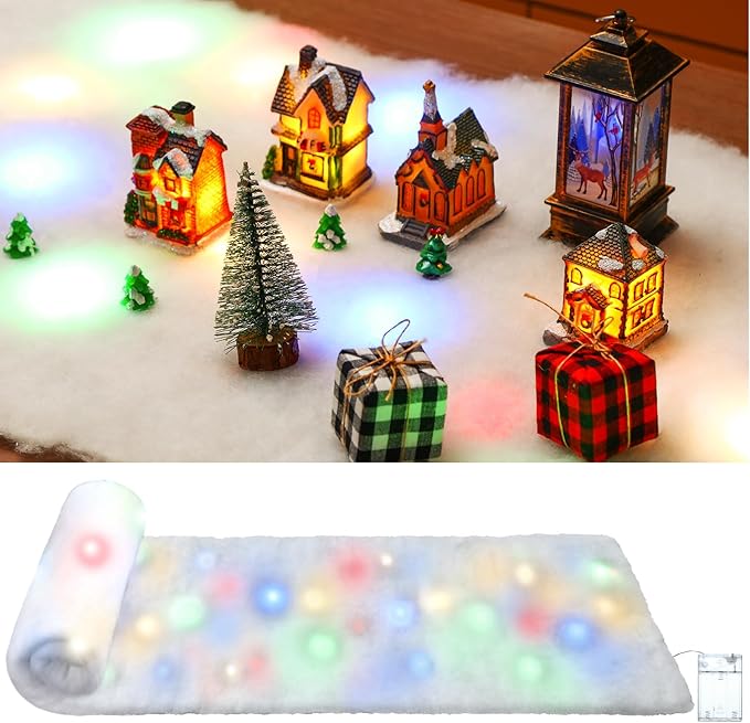 Jetec LED Christmas Fake Snow Blanket with Lights Artificial Snow Blanket with 2 Pcs LED Lights Lighted Snowflake Table Runner for Christmas Tree Village Display Winter Party Decor(15.75''x 49.21'')