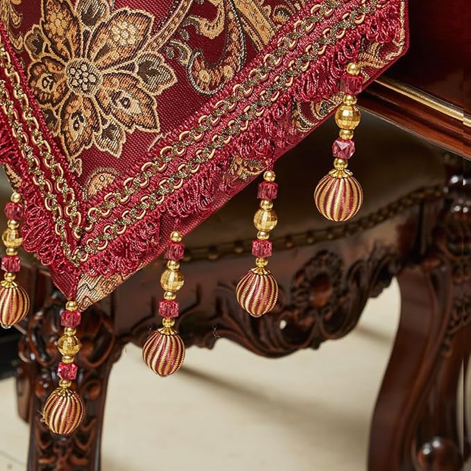 Luxury Vintage Design Table Runner 60 inches Long Embroidery Jacquard Fabric with Multi-Tassels Table Runners for Dining Room Dresser Christmas Thanksgivi Party Fireplace Decorations (Red, 12X60inch)