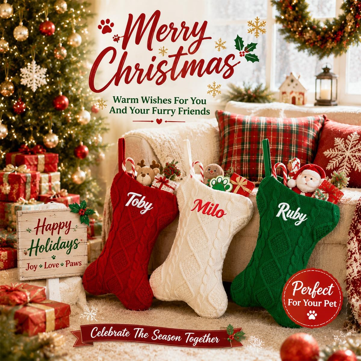 Ulico Custom Pet Stocking Christmas, Personalized Christmas Stocking for Dogs, Bone Shape Stocking Christmas Large Pet Stockings Hanging Dog Christmas Stocking for Dogs Cats Pets (1 Pcs)