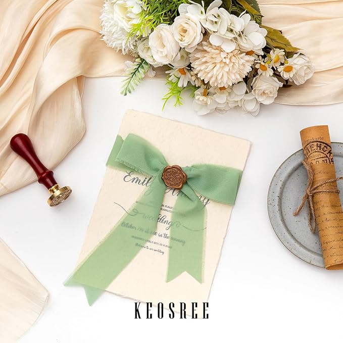 3 Rolls Cream White & Sage Green Handmade Chiffon Ribbon,1.5" x 21Yd Frayed Fringe Silk Ribbons (3 Rolls *7Yd) for Gifts Wrapping, Wedding Invitations, Bridal Bouquets, Decorations
