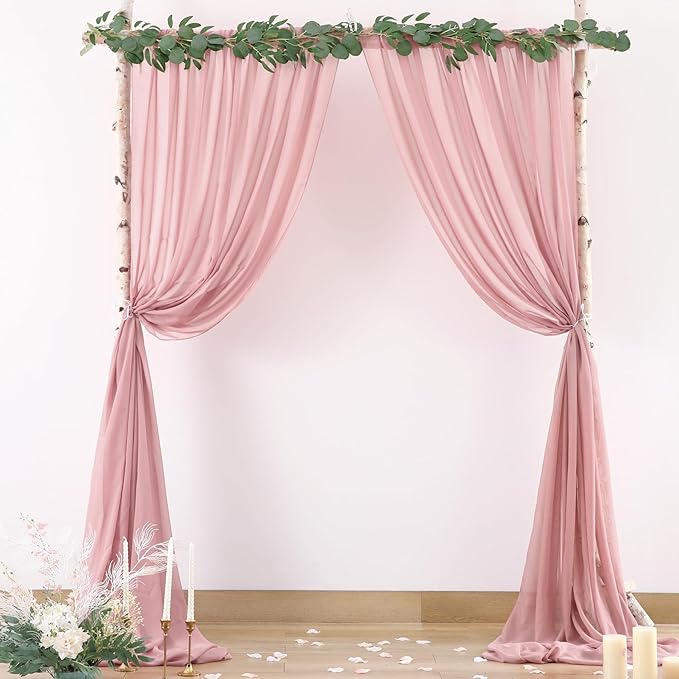 PARTISKY 10x7ft Dusty Rose Chiffon Backdrop Curtains, Wrinkle-Free Sheer Fabric Photo Drapes for Wedding Ceremony Arch Birthday Baby Shower Photography Stage Decor 5X 7ft, 2 Panel