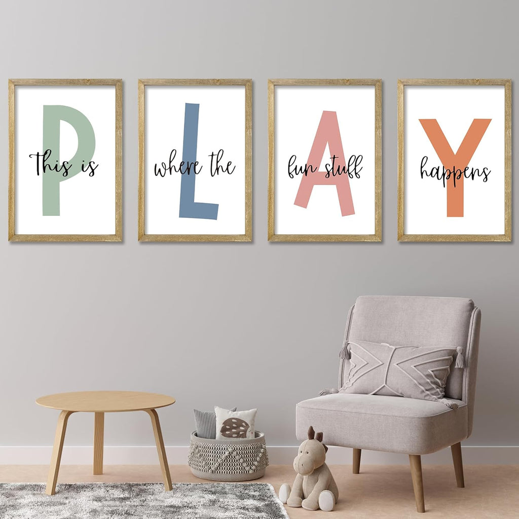 This Is Where The Fun Stuff Happens Kids Playroom Wall Art Decor 16x11 Inch Set Of 4 Rustic Kids Wood Framed Sign Toddler Modren Nursery Interesting Let's Play Prints Wall Hanging (Wood)