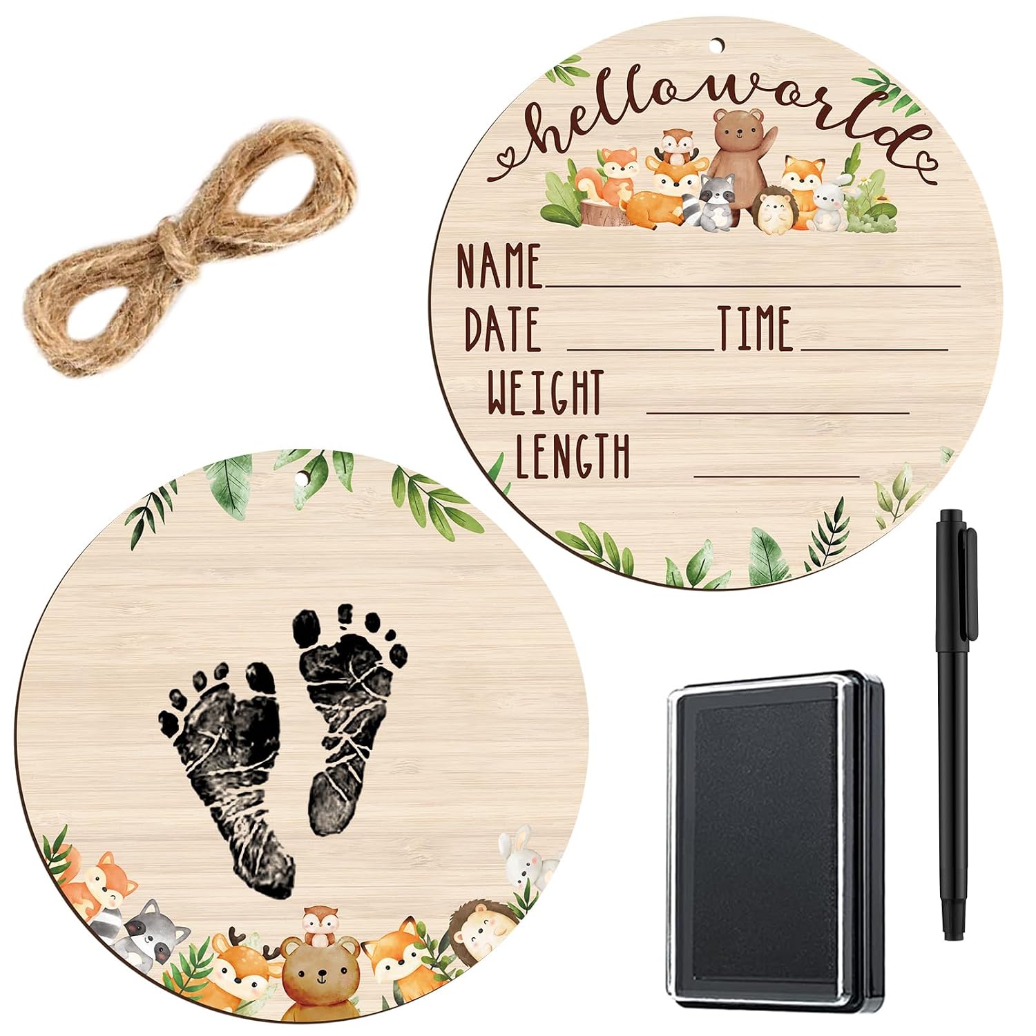 Thyle Baby Announcement Wooden Name Sign for Hospital Birth Double Sided Newborn Welcome Sign with Marker Pen and Ink Pad for Baby Shower Hand Footprints(Jungle)