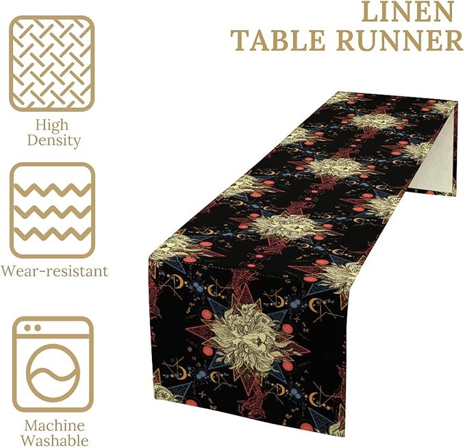 Boho Moon Lion Table Runner, Chinese Fish Phase of The Moon Sun Moon Table Runner for Kitchen Dining Table Home Party,13x120 Inch Black Red