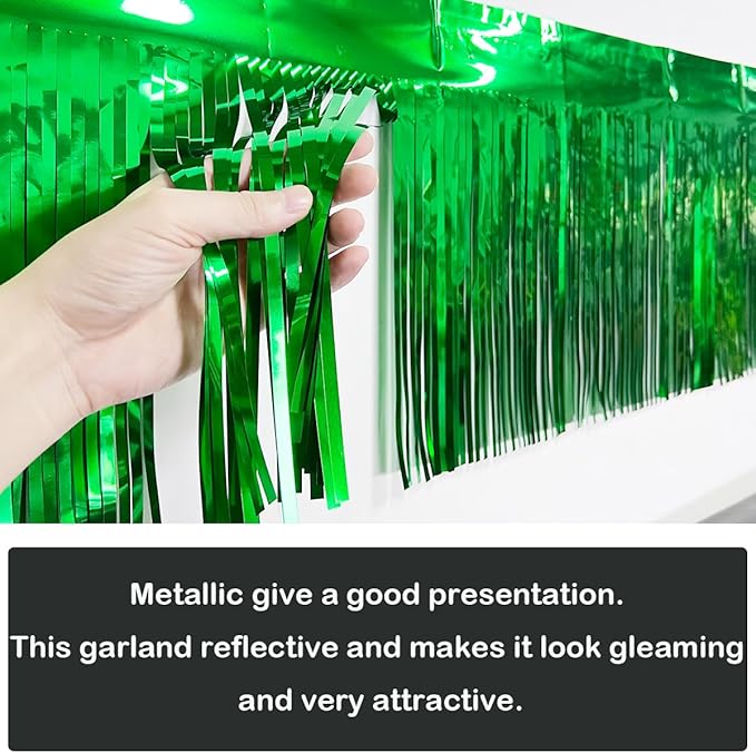 4 Pack Total 40 Feet Green Foil Fringe Garland Metallic Wall Hanging Drapes Tassel Skirting Tinsel Streamers Decorations for Parade Float Trailer Mardi Gras Party Birthday St. Patrick's Day