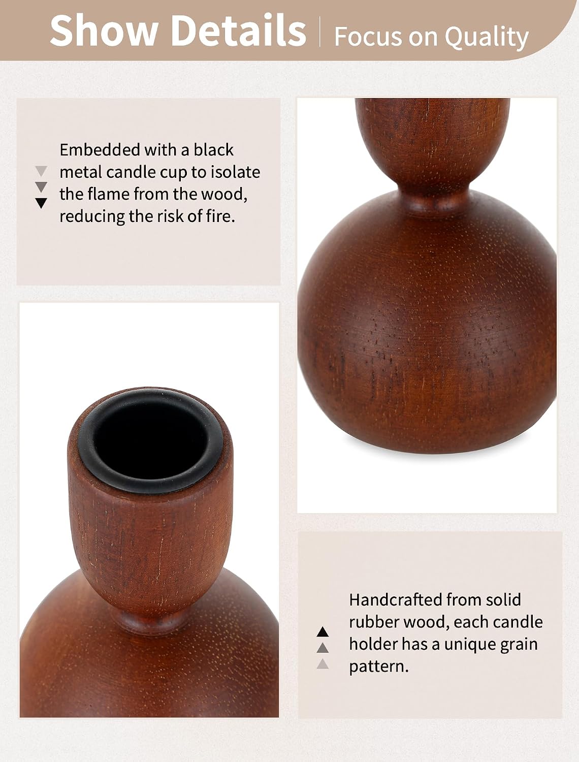 NUPTIO Wooden Taper Candle Holders, Set of 6 Brown Candlesticks