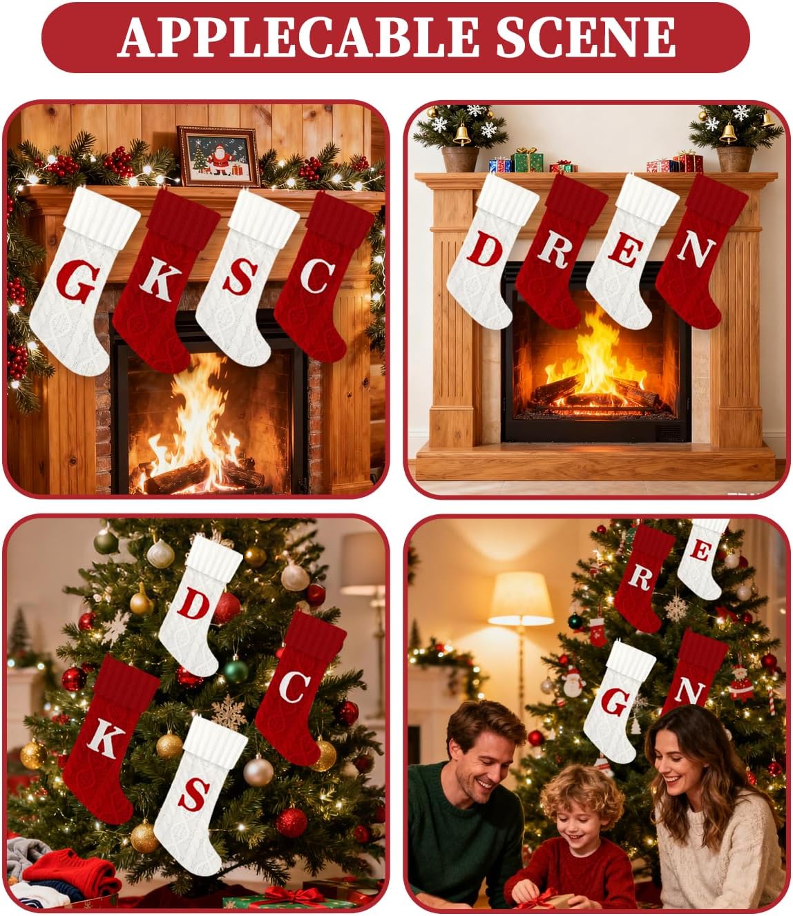 Christmas Stockings with Initials,20 Inches Large White Embroidered Monogram Knitted Christmas Stockings with Letter,Personalized Xmas Stockings for Fireplace Family Holiday Decor(Letter J,White)