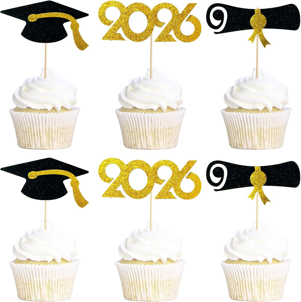 2026 Graduation Cupcake Toppers 48 Pack, Pre-Assembled Food & Appetizer Picks, Black Gold Grad Cap & Diploma Cupcake Decorations for Graduation Party