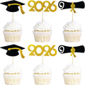 2026 Graduation Cupcake Toppers 48 Pack, Pre-Assembled Food & Appetizer Picks, Black Gold Grad Cap & Diploma Cupcake Decorations for Graduation Party