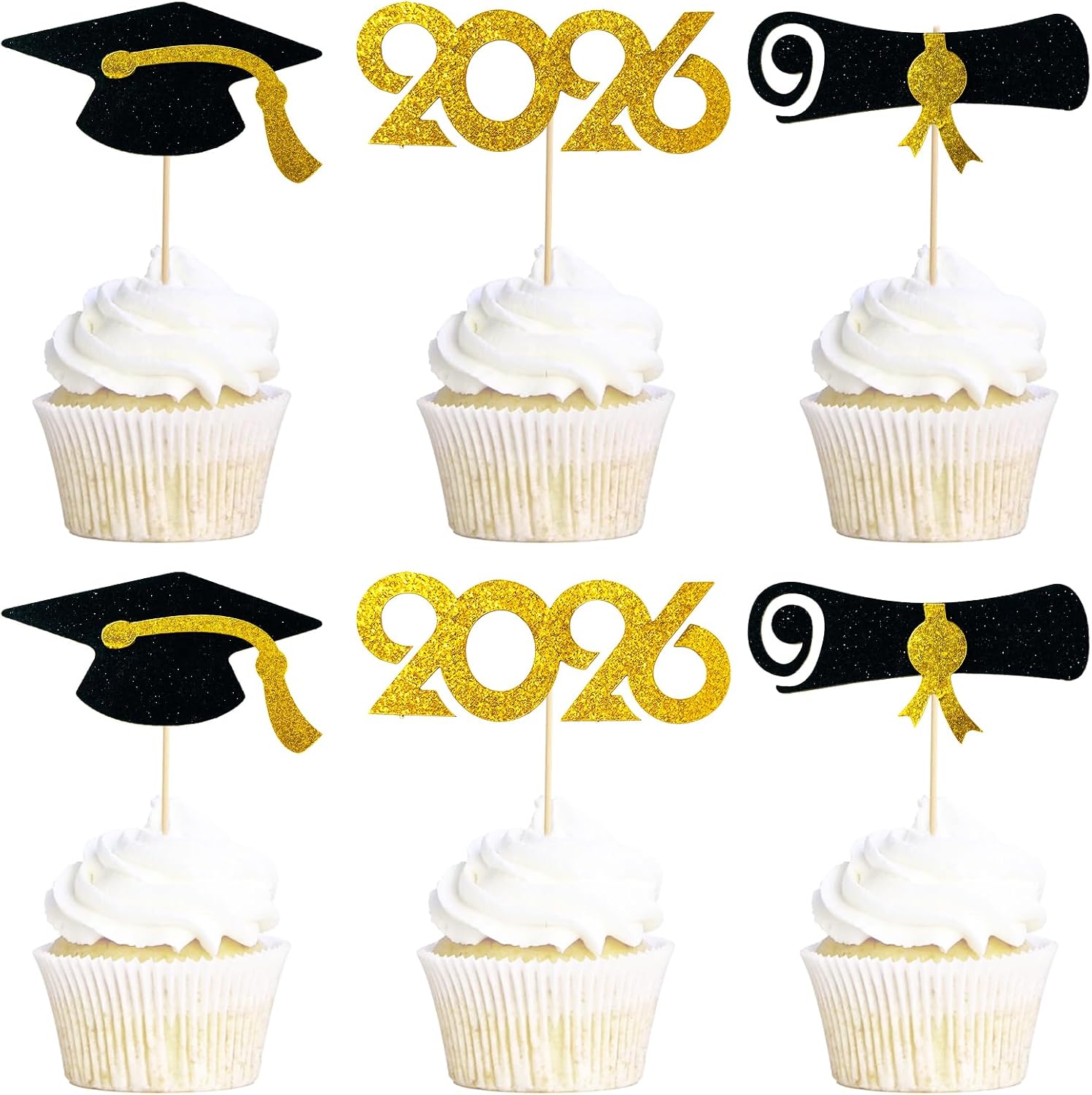 2026 Graduation Cupcake Toppers 48 Pack, Pre-Assembled Food & Appetizer Picks, Black Gold Grad Cap & Diploma Cupcake Decorations for Graduation Party