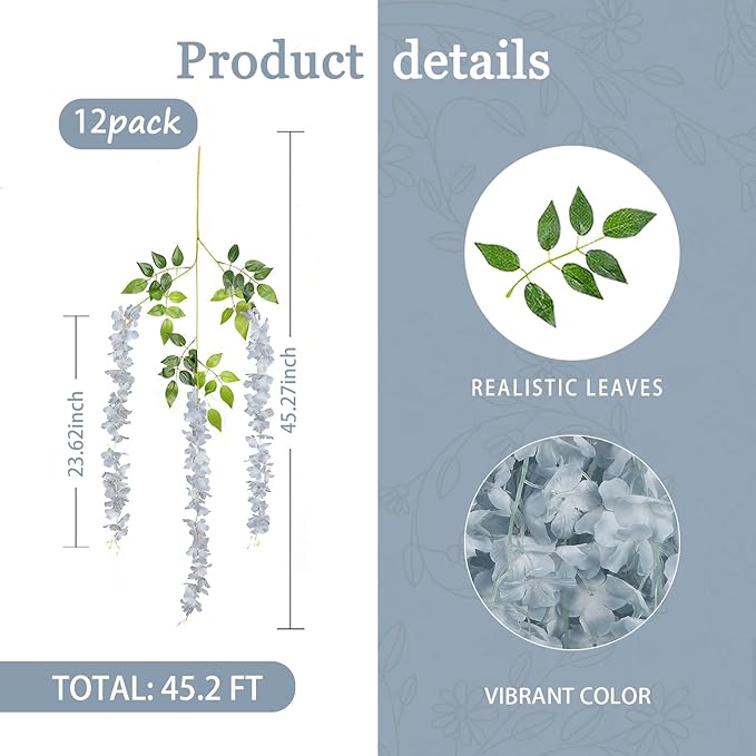 12 Pack Grey Wisteria Hanging Flowers Garland, 3.77 Feet Artificial Flower Vines, Fake Wisteria, Artificial Vines Hanging Garland for Backdrop Outdoor Yard Garden Decor