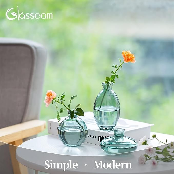 Small Glass Bud Vase for Centerpieces, 6Pcs/2Sets Green Modern Small Mini Flowers Vases Short Minimalist Aesthetic Vintage Cute Handmade Tiny Wedding Table Centerpiece for Single Flower Rose