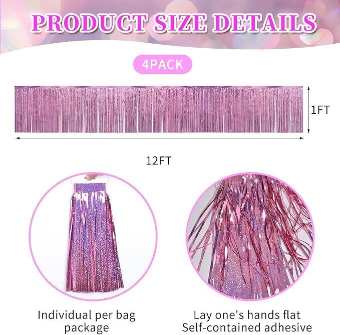 Laser Pink Birthday Decorations Tinsel Garland Parade Float Decorations for Trailer 4Pack 12FT Girls Womens Party Decor Ceiling Fringe Banner Pink Backdrop for Streamers Party Decorations