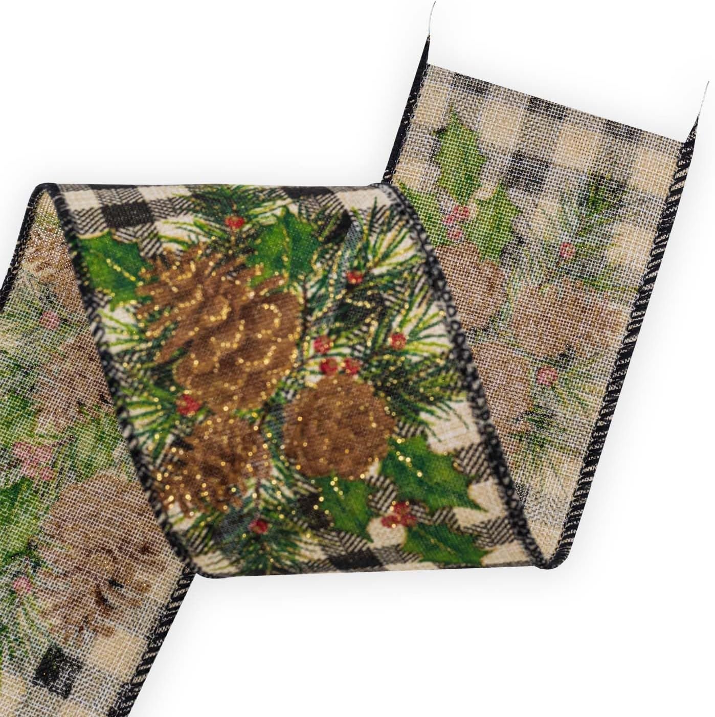 HATIANGE Pinecone Christmas Burlap Ribbon with Black White Plaid Wired Ribbon, 2-1/2 Inch x 11Yards, for Xmas Home Decor, Gift Wrapping, Bow Making, Wreath, DIY Crafts