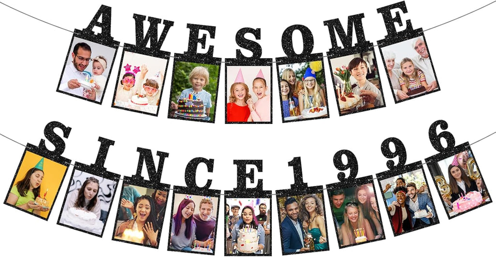 Pre-strung Awesome Since 1996 Photo Banner Birthday Decorations for Her Him- Black Glitter 30th Birthday and Anniversary Decorations Party Supplies for Women Men