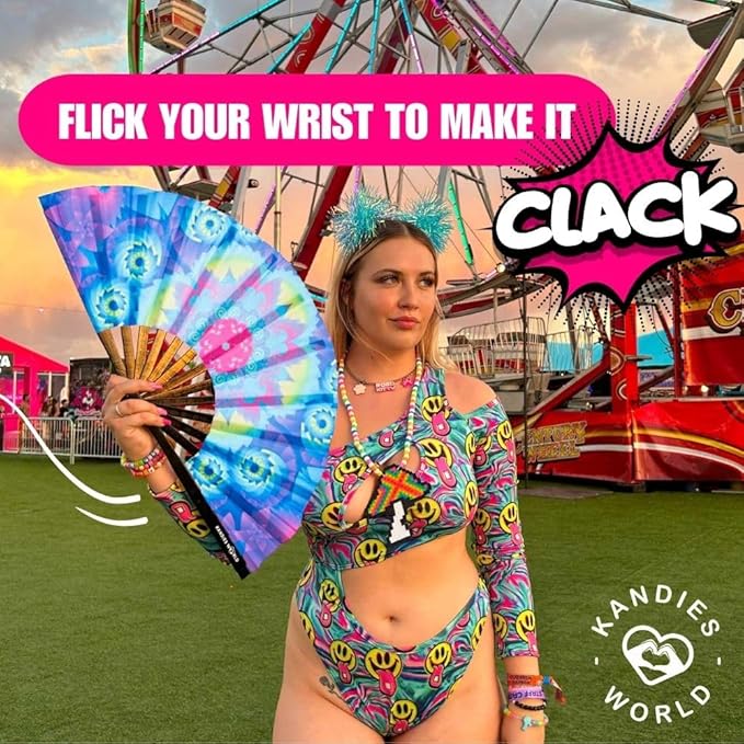 Kandies World UV Reactive Custom Festival Folding Hand Fan - Unique Designs, Made of Bamboo, Clacking Sound, Lightweight - Perfect Rave and Festival Accessory!