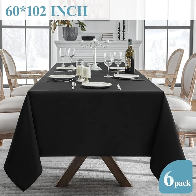 VidaFete Tablecloth 60 * 102inch 6 Pack Rectangle Table Cloth Polyester, Stain Wrinkle Resistant Polyester Dining Table Cover for Kitchen Dinning Party Wedding Rectangular Tabletop Decoration(Black)