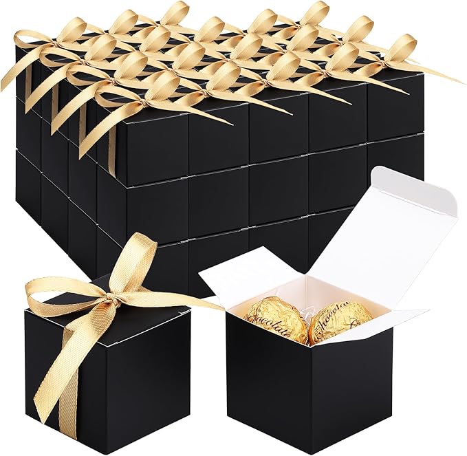 EUSOAR Favor Boxes, 60pcs 2x2x2 Inches Black Boxes Small Candy Box with Gold Ribbons, Mini Paper Cube Soap Box Chocolate Truffles Storage Macaron Container for Wedding Birthday Party DIY Favors